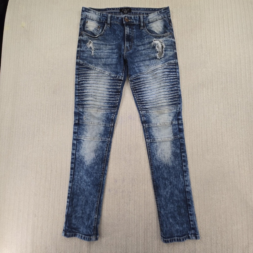WT02 Jeans Mens 32x31 Blue Acid Wash Skinny Biker Moto Distressed Denim Pants
